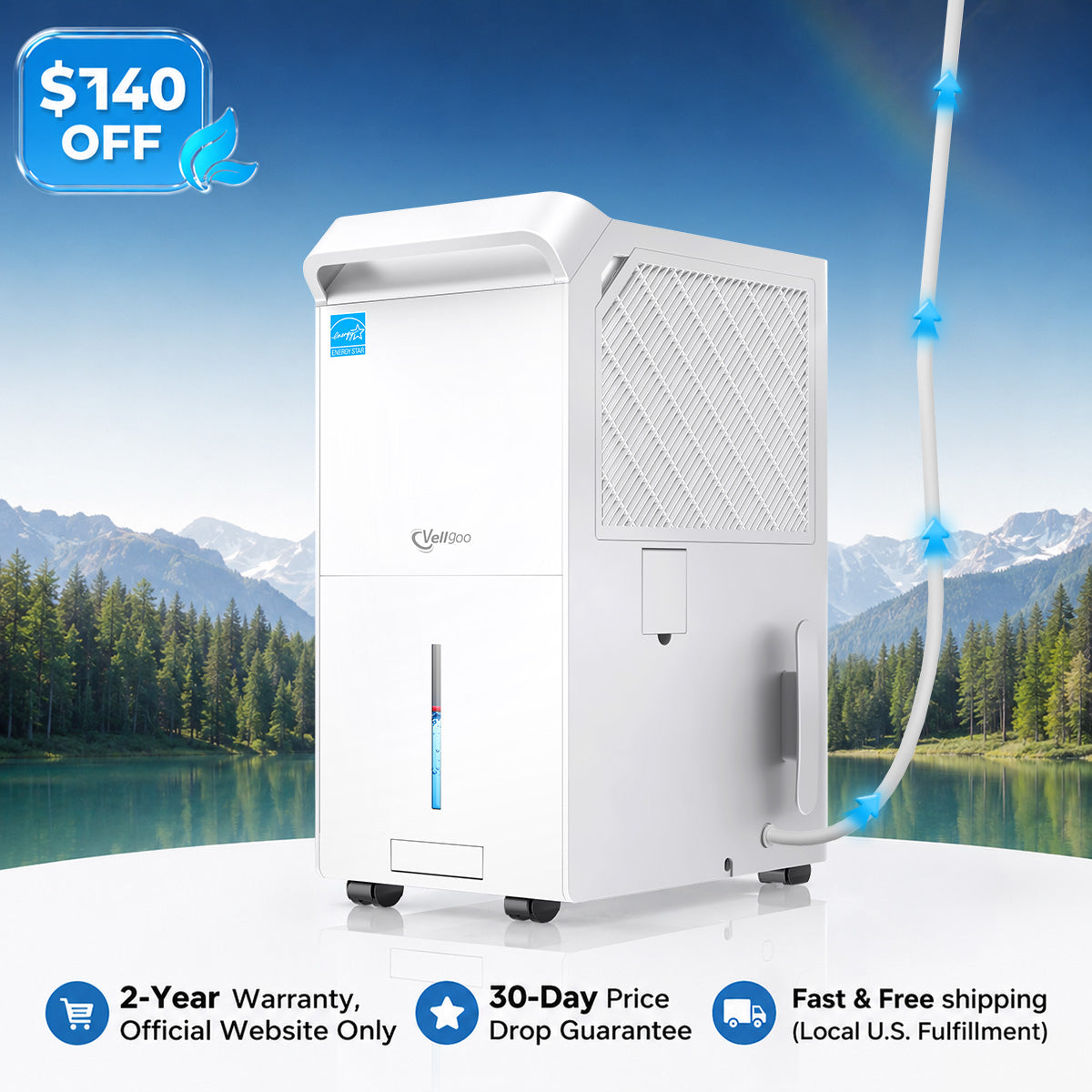 Vellgoo 140 Pints Energy Star Dehumidifier with Pump & Drain Hose (6,000 Sq.Ft) for Large Room, Garage