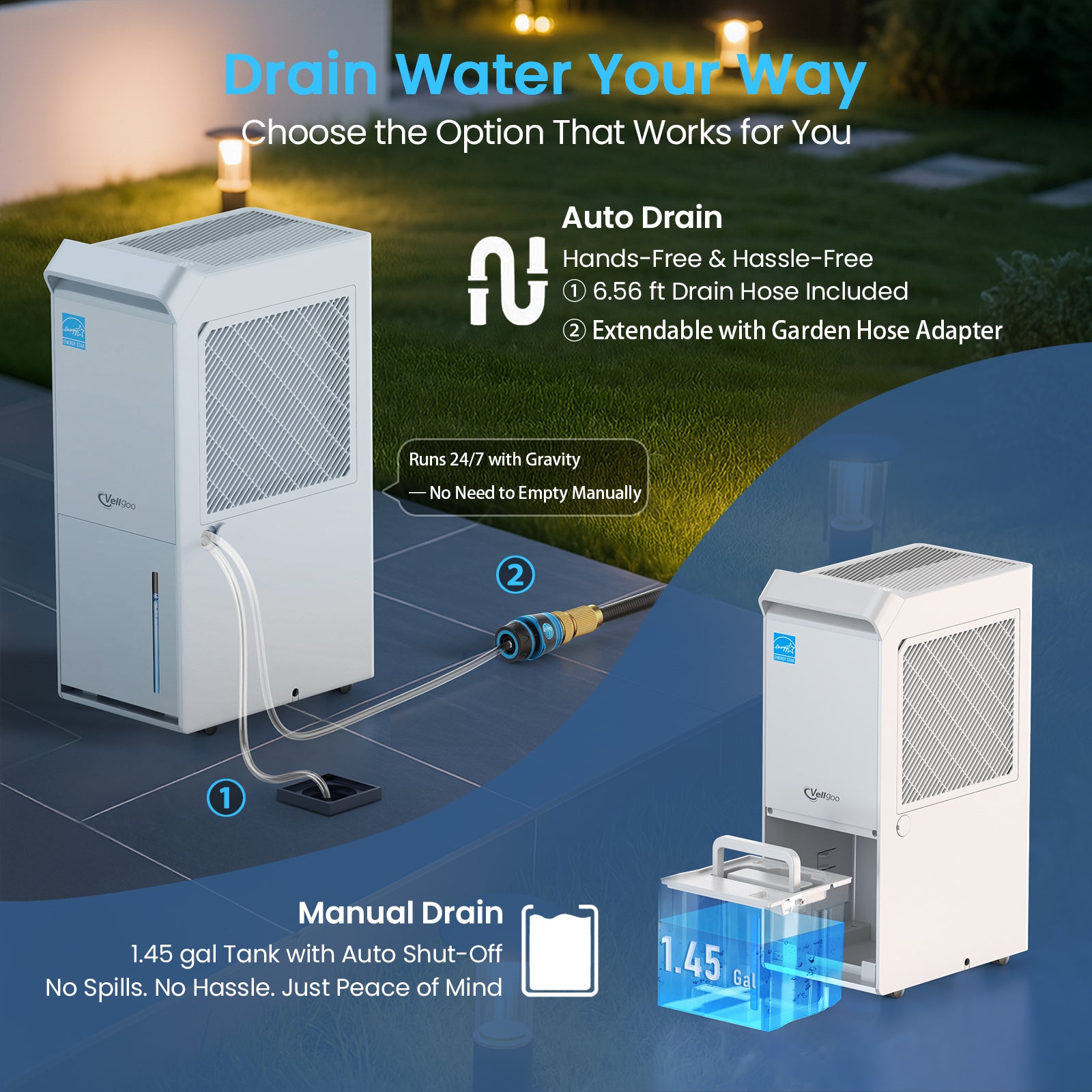 Vellgoo 34 Pints Most Efficient Energy Star Dehumidifier with Drain Hose(2,500 Sq.Ft) for Home