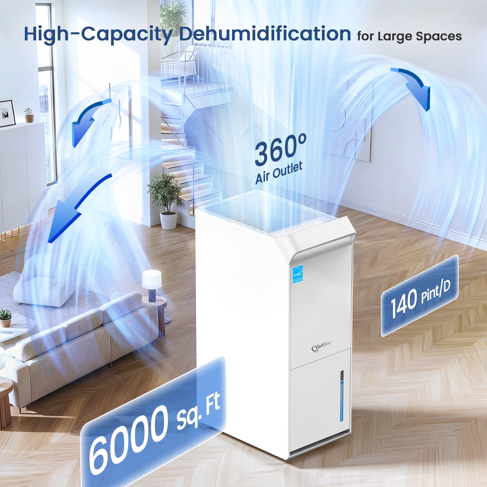 Vellgoo 80 Pint Dehumidifier DryTank S Model for Large Rooms up to 4,500 Sq.Ft.
