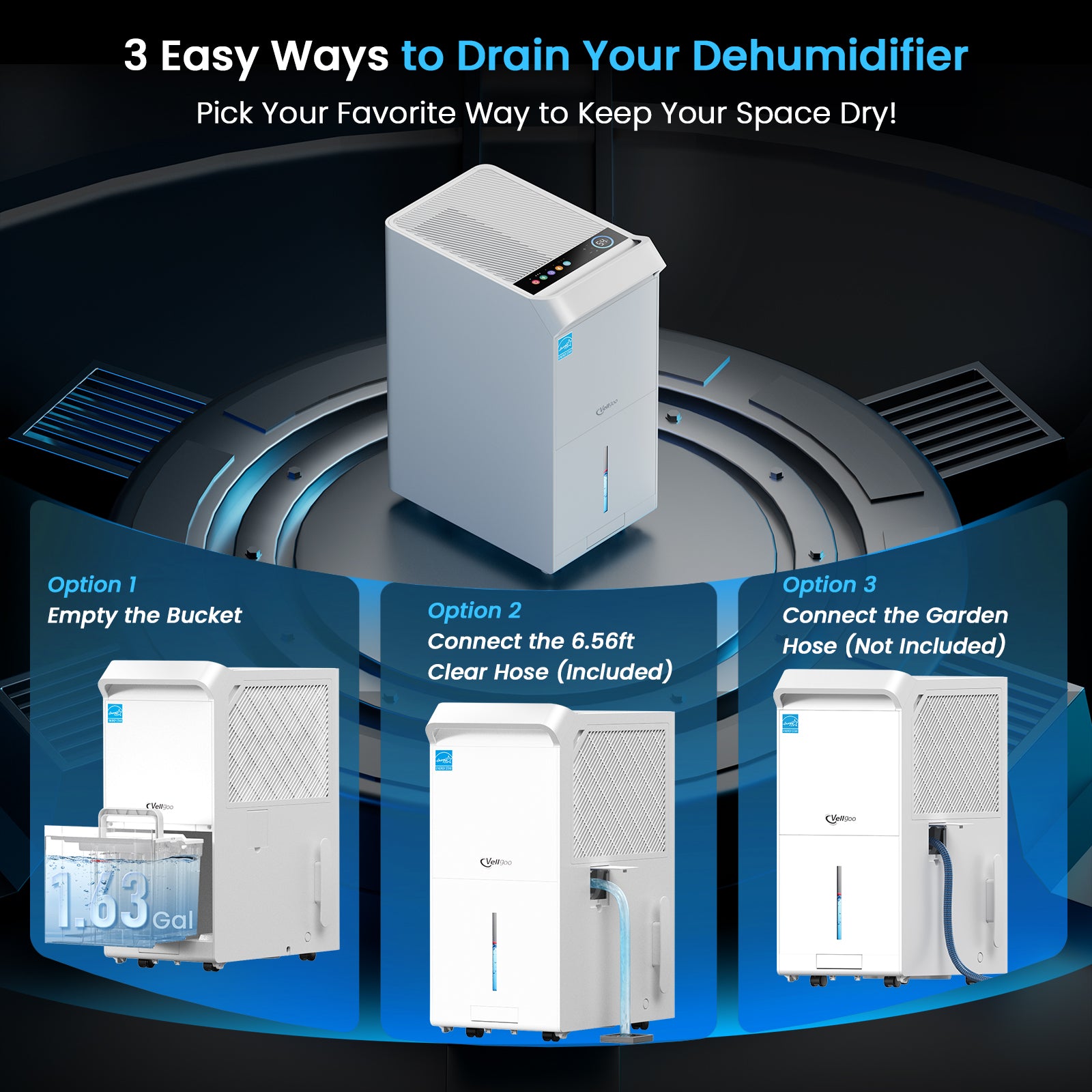 Vellgoo 80-120 Pints Most Efficient Energy Star Dehumidifier with Drain Hose( 5,000 Sq.Ft) for Large Room, Garage