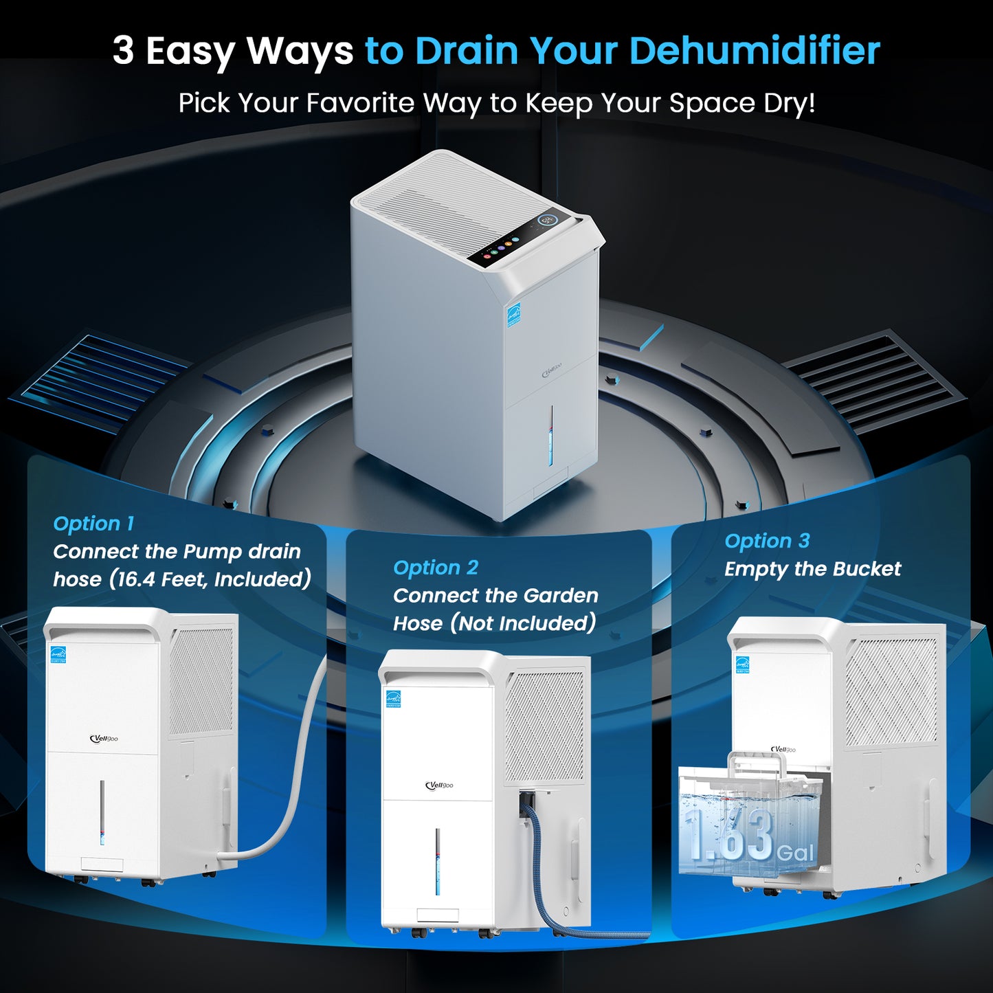 Vellgoo 80 Pints Energy Star Dehumidifier with Pump & Drain Hose (5,000 Sq.Ft) for Large Room, Garage