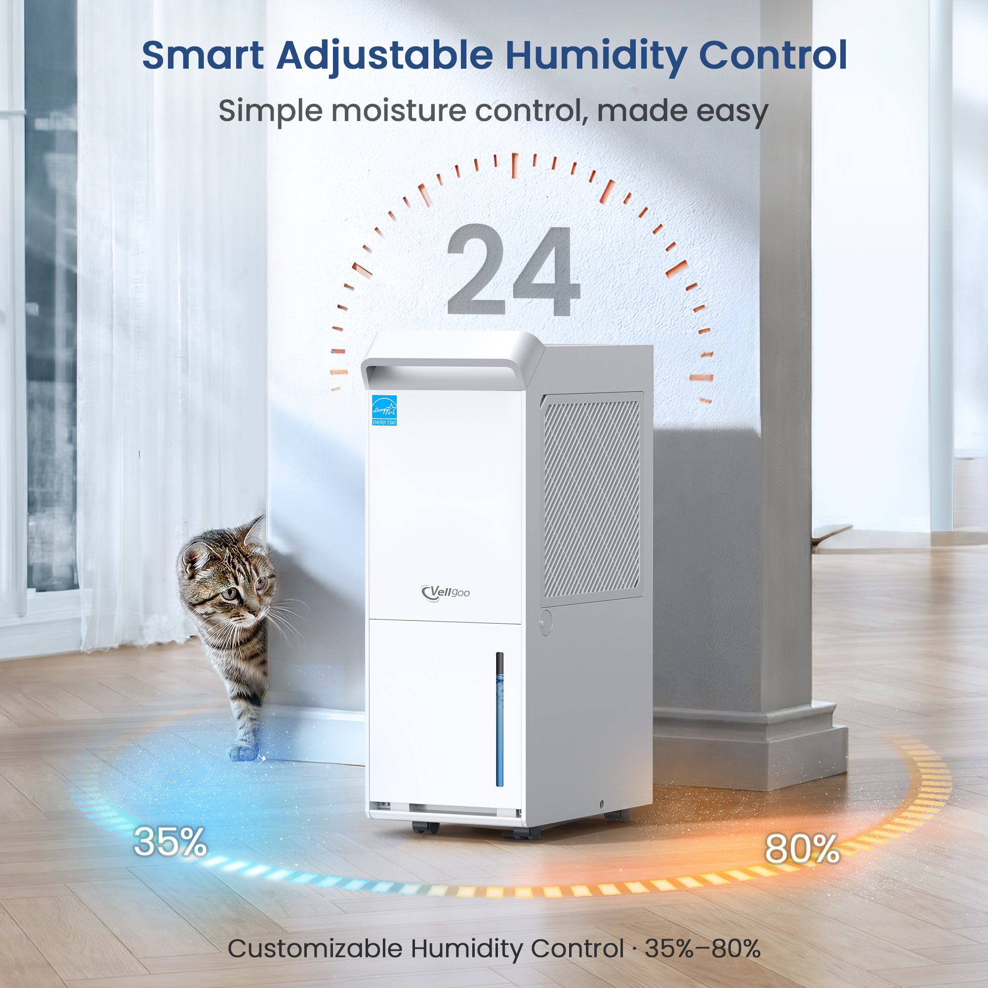 Vellgoo 80 Pint Dehumidifier DryTank S  Model for Large Rooms up to 4,500 Sq.Ft.