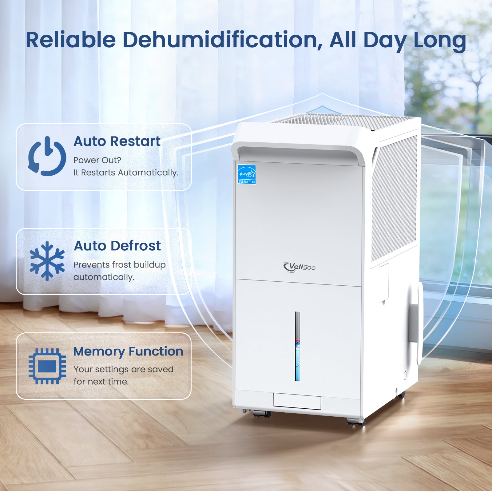 Vellgoo 140 Pints Energy Star Most Efficient 2025 Dehumidifier with Drain Hose( 6,000 Sq.Ft) for Large Room, Garage