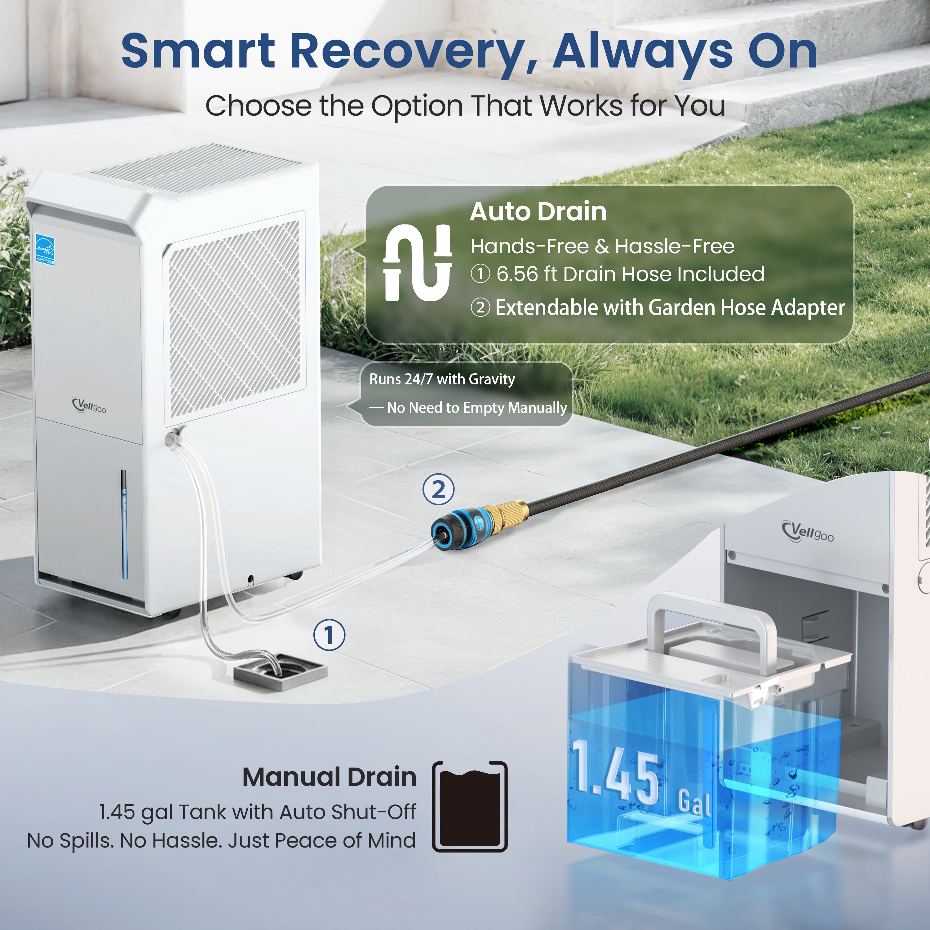 Vellgoo 80 Pint Dehumidifier DryTank S  Model for Large Rooms up to 4,500 Sq.Ft.