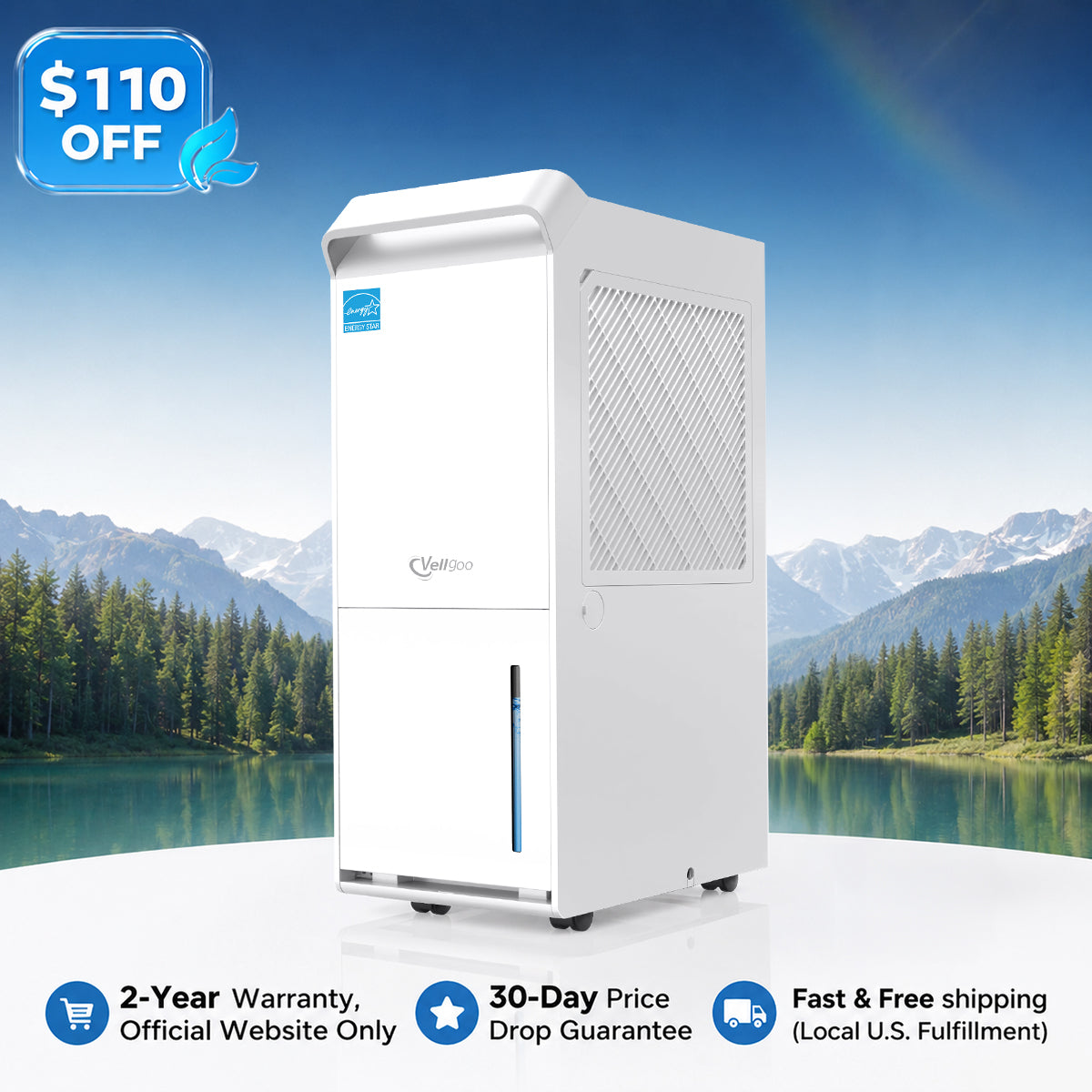 Vellgoo 34 Pints Most Efficient Energy Star Dehumidifier with Drain Hose(2,500 Sq.Ft) for Home